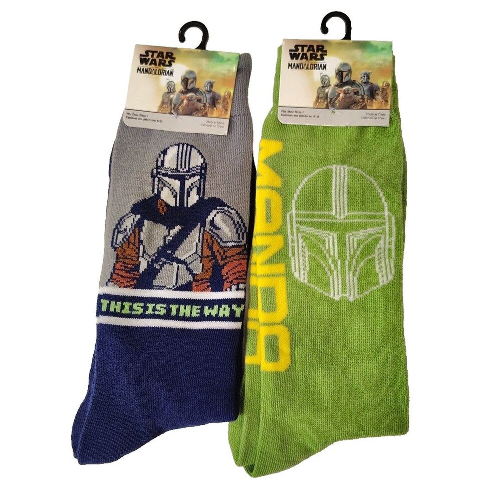 Disney Star Wars Mandalorian Blue Green Mens Crew Socks 2 Pair Sz 6-12 NWT